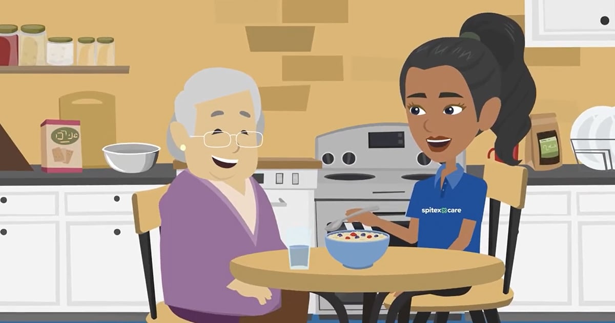 Videovorschau zeigt Illustration einer Pflegeperson, die älterer Person beim Essen hilft